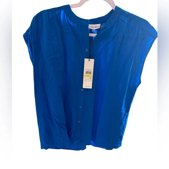 Calvin Klein Blue Cap Sleeve Button Down Blouse - Picture 2 of 4